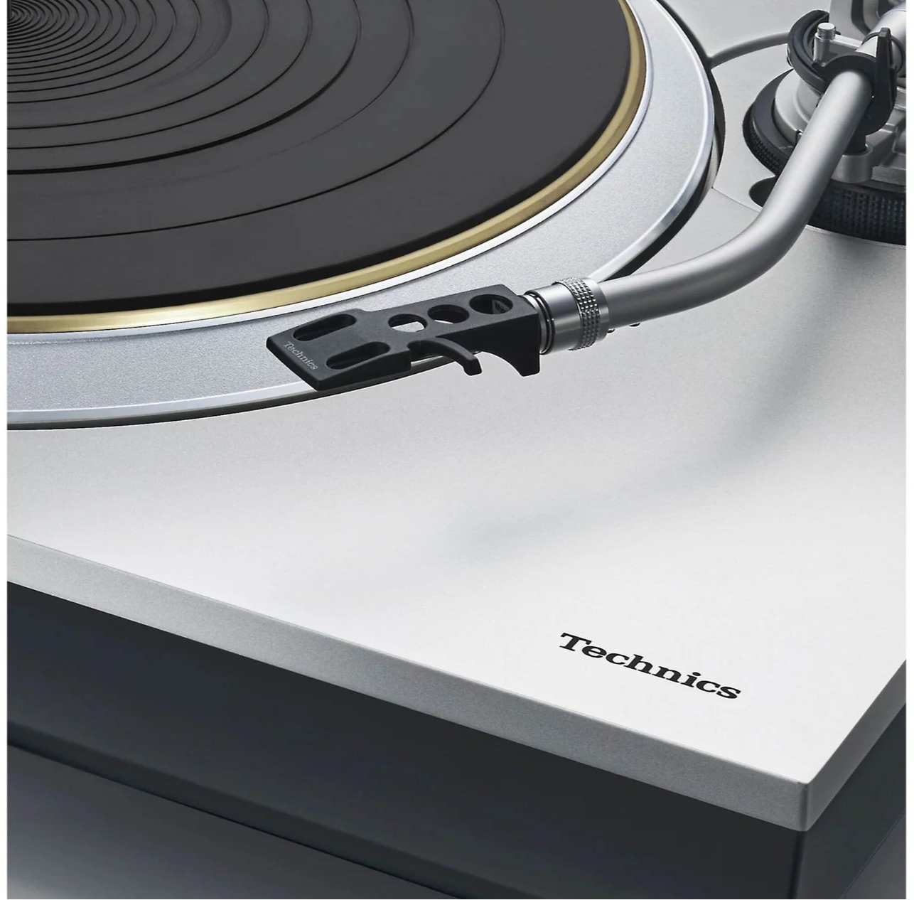 Technics SL-1300G turntable with sleek black finish, featuring a tonearm and platter for high-quality vinyl playback.