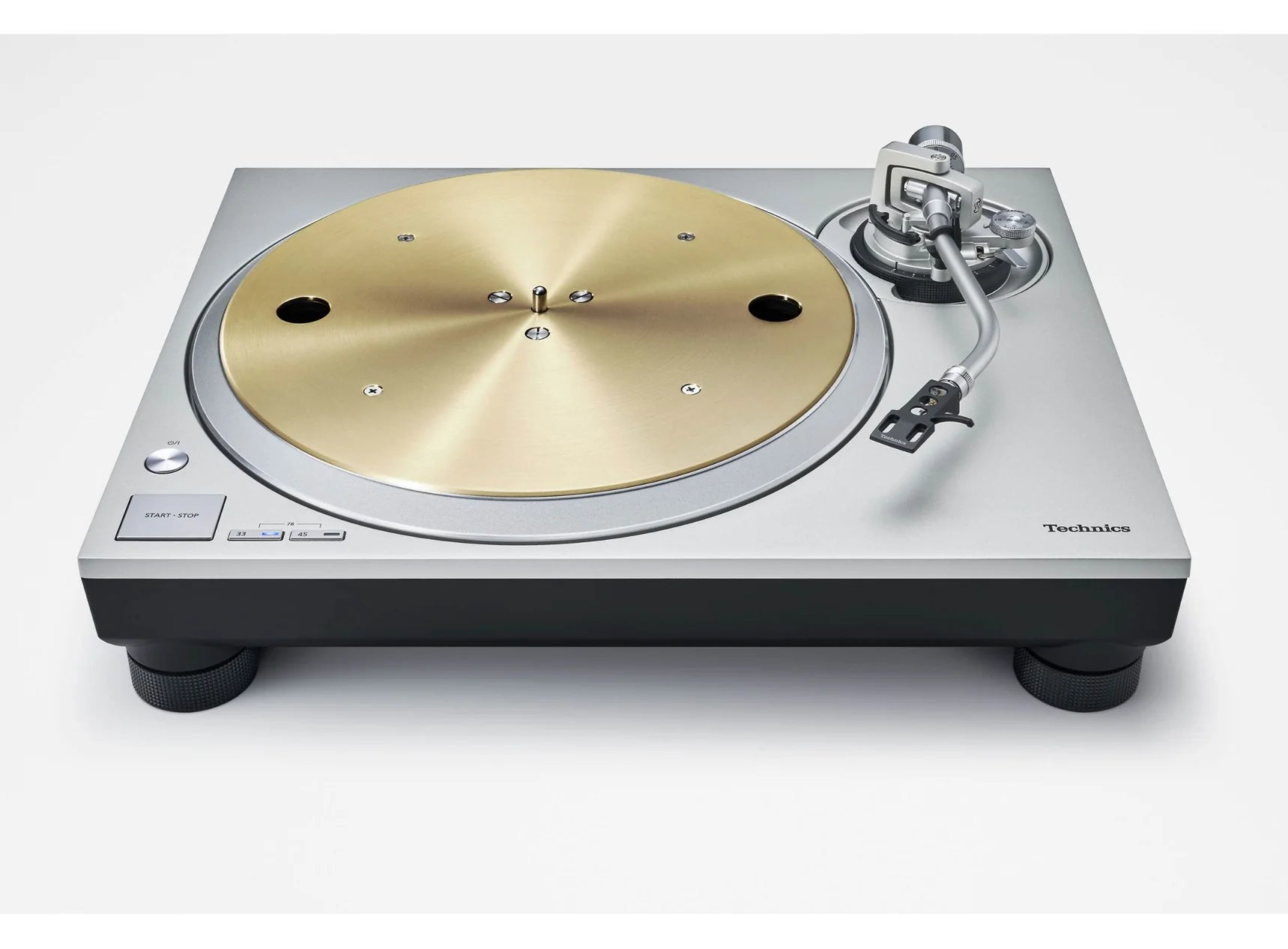 Technics SL-1300G turntable with wooden plinth and tonearm, close-up of the sleek audio equipment for high-fidelity listening.