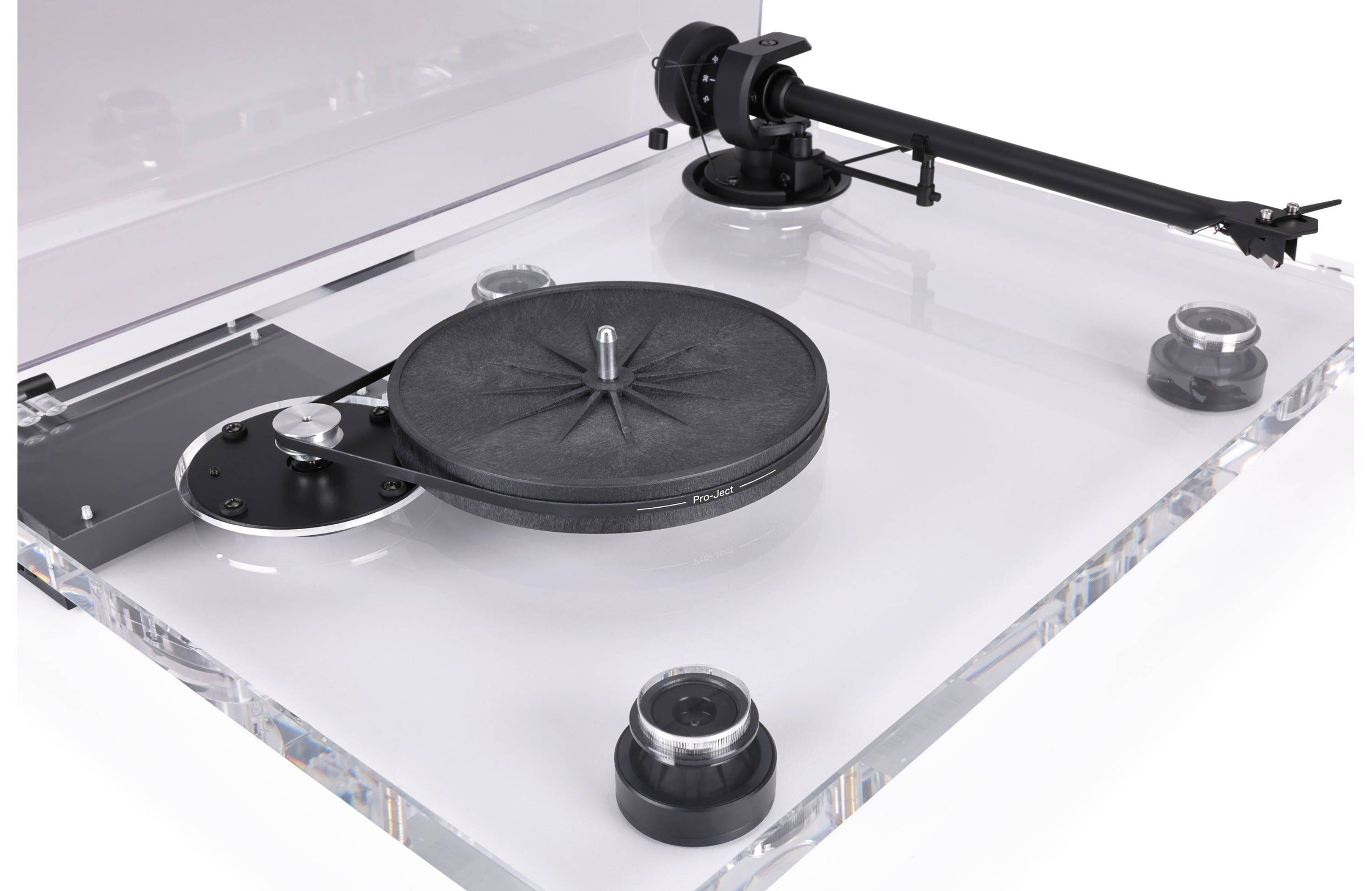 Pro-Ject XA B turntable with wooden plinth and aluminum tonearm, showcasing its sleek design and high-quality build.
