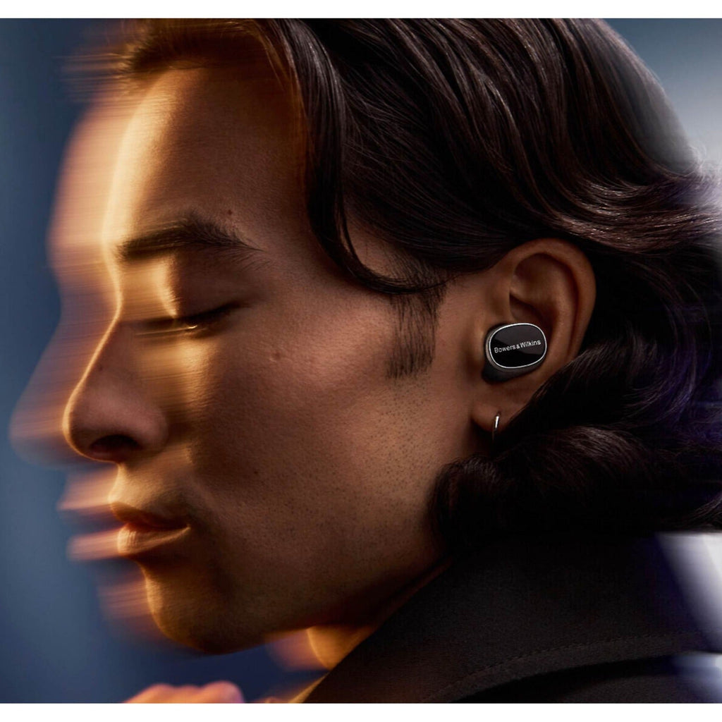 Bowers & Wilkins Pi8 wireless in-ear headphones with sleek black design and ergonomic ear tips.