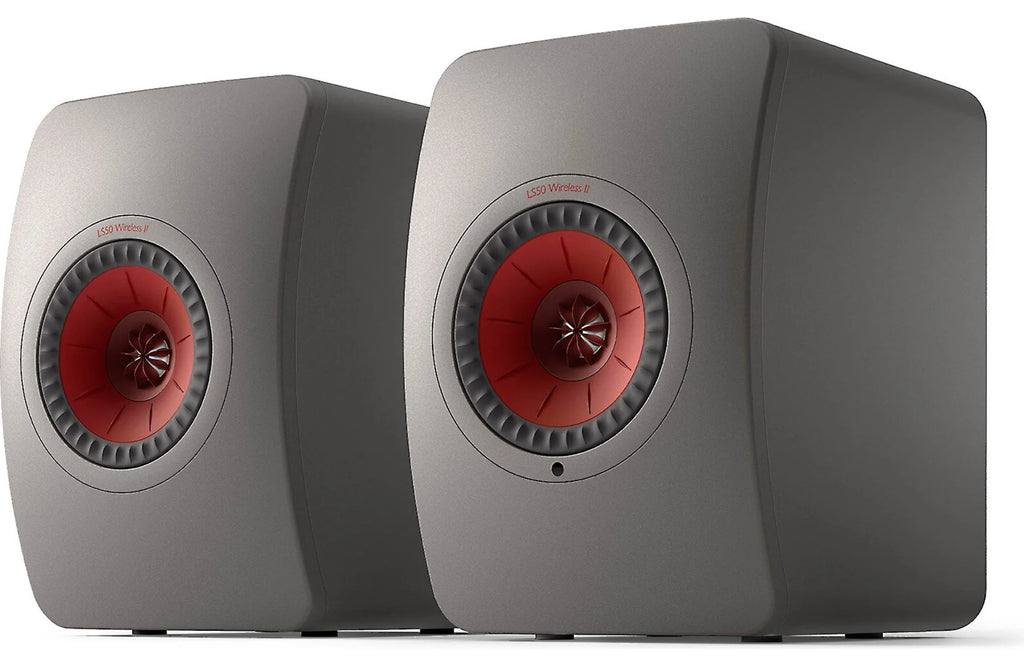 KEF LS50 Wireless II wireless speakers with sleek black design and compact form factor, showcasing modern audio equipment.