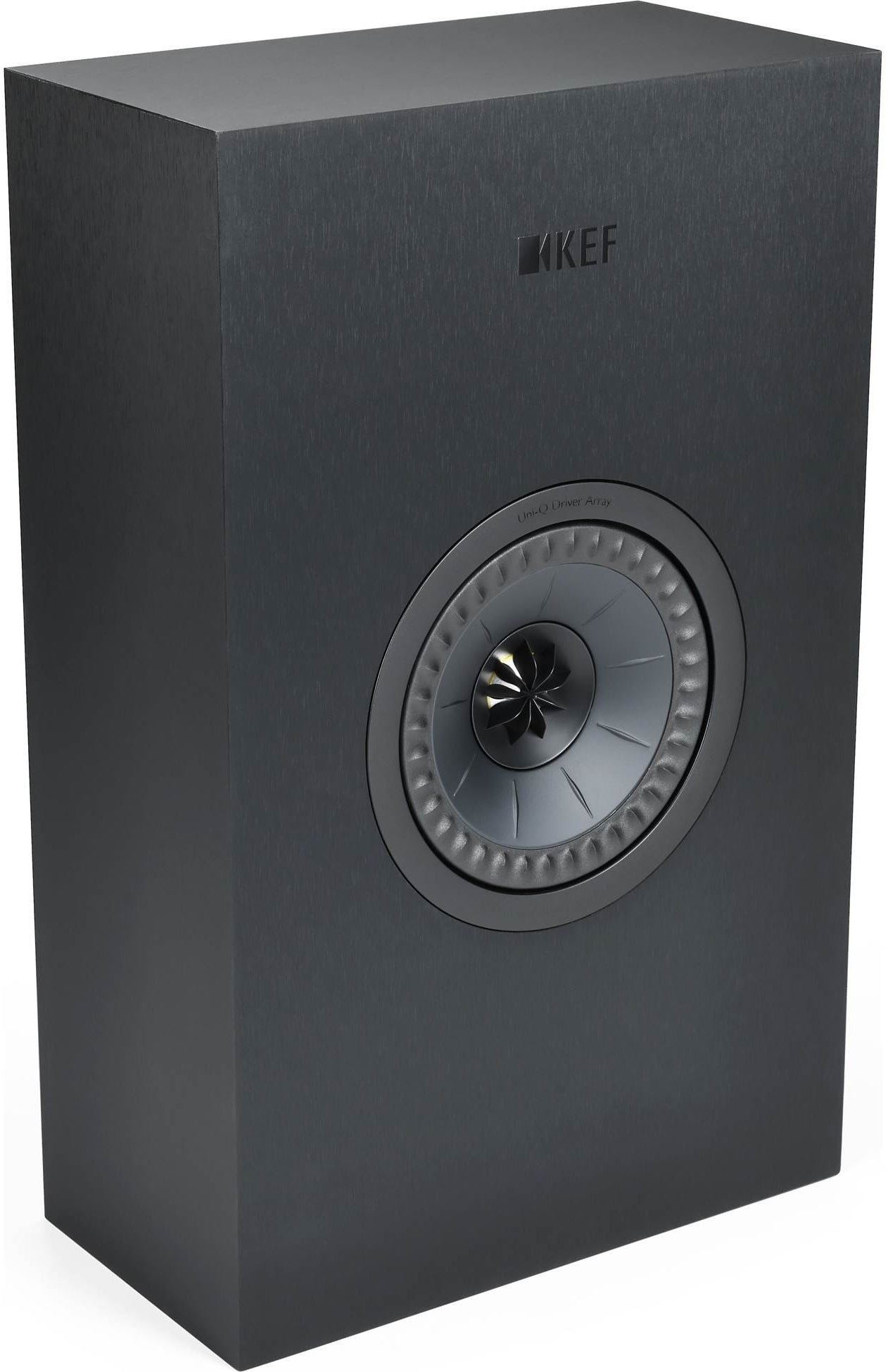 Black KEF Q4 Meta in-wall and outdoor speaker mounted on a wall, showcasing sleek design and compact size.