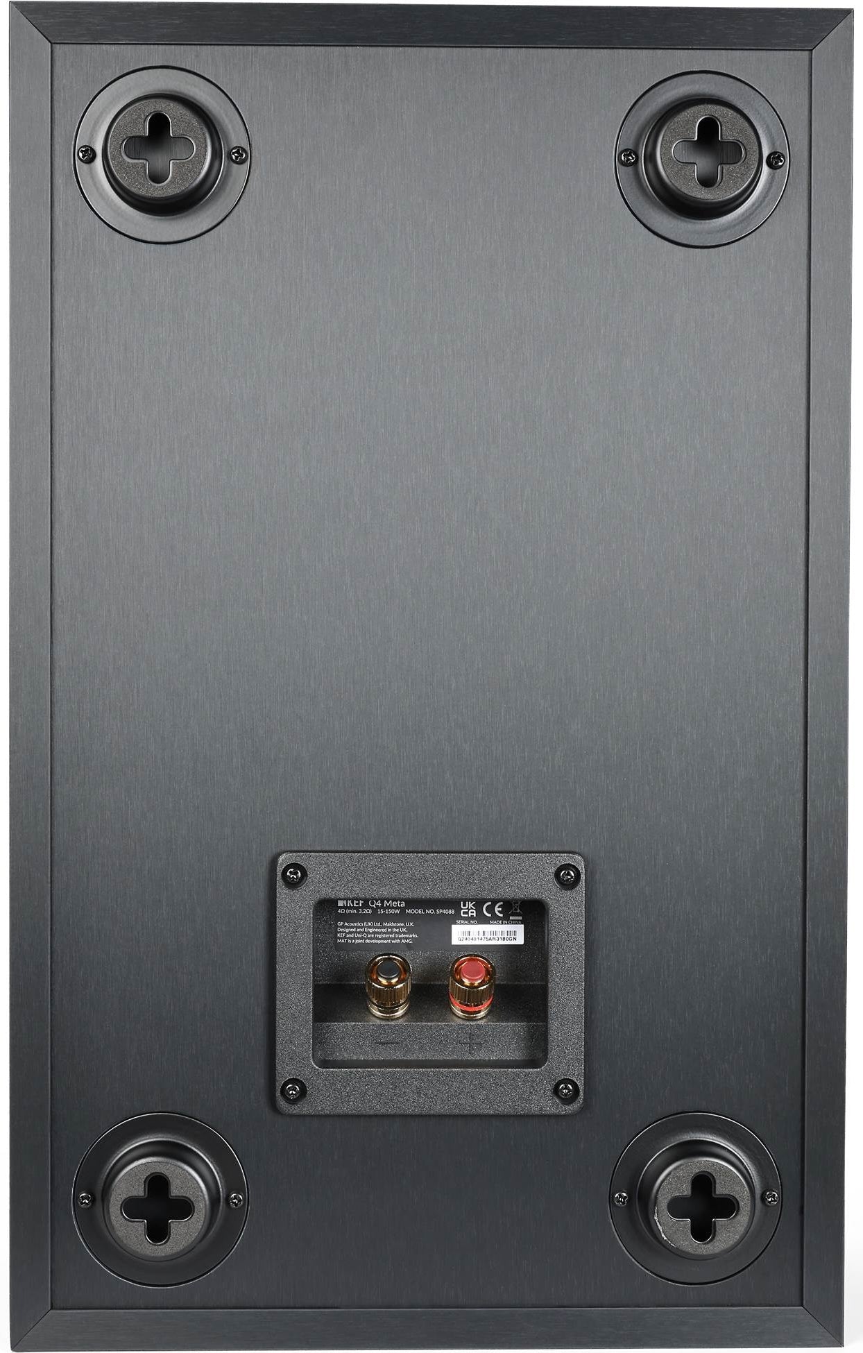 KEF Q4 Meta in-wall and outdoor speaker mounted on a wall, showcasing sleek black design and high-performance audio features.