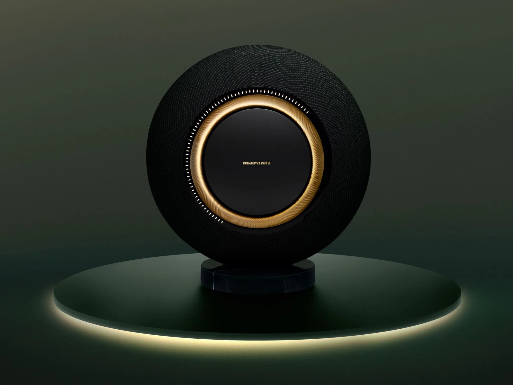 Marantz Horizon Grand wireless speakers in midnight finish, showcasing sleek design and modern speaker grille.