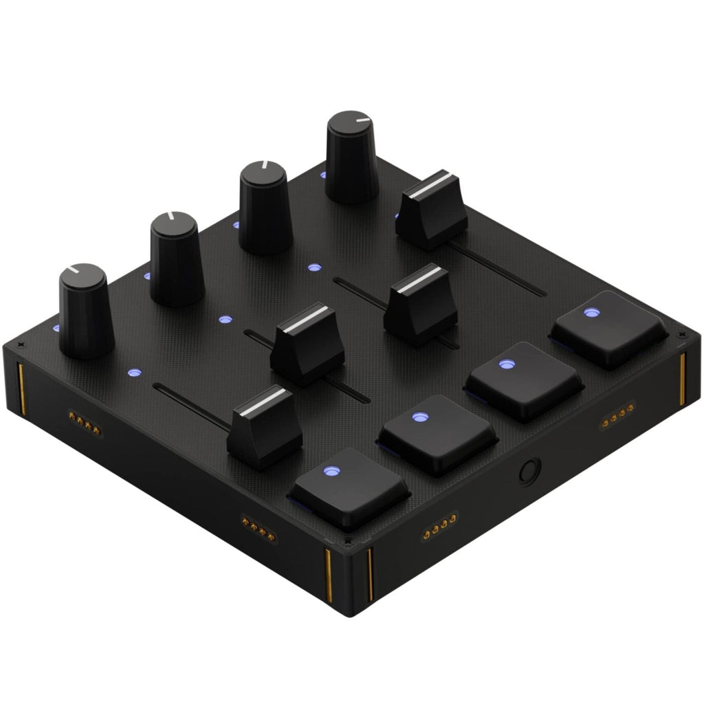 Intech Studio PBF4 Series 3 MIDI controller with grid layout, black and silver design, and various control buttons.