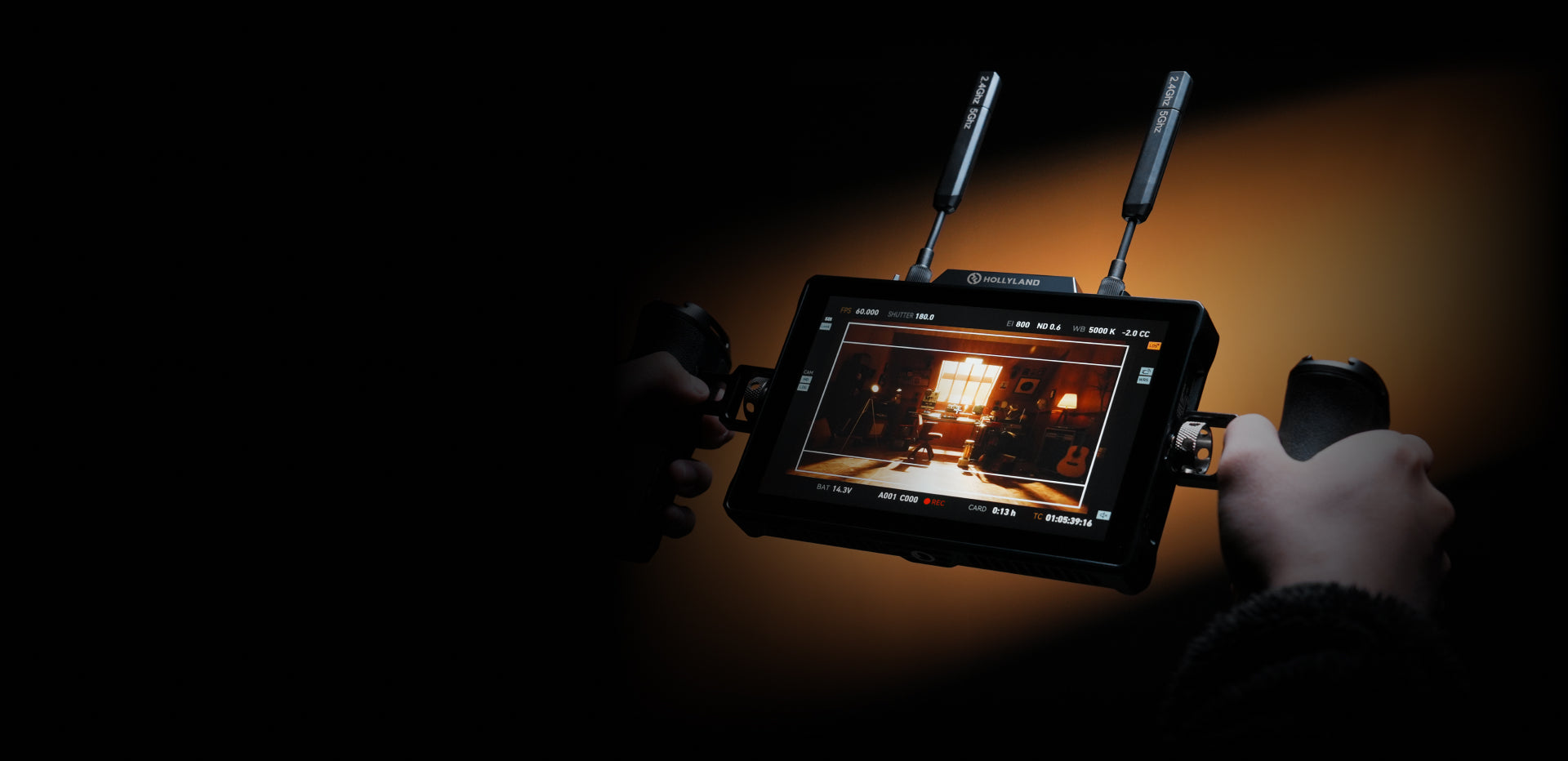 Hollyland Pyro 7 video monitor with multiple screens displaying live footage, professional-grade video monitoring equipment.