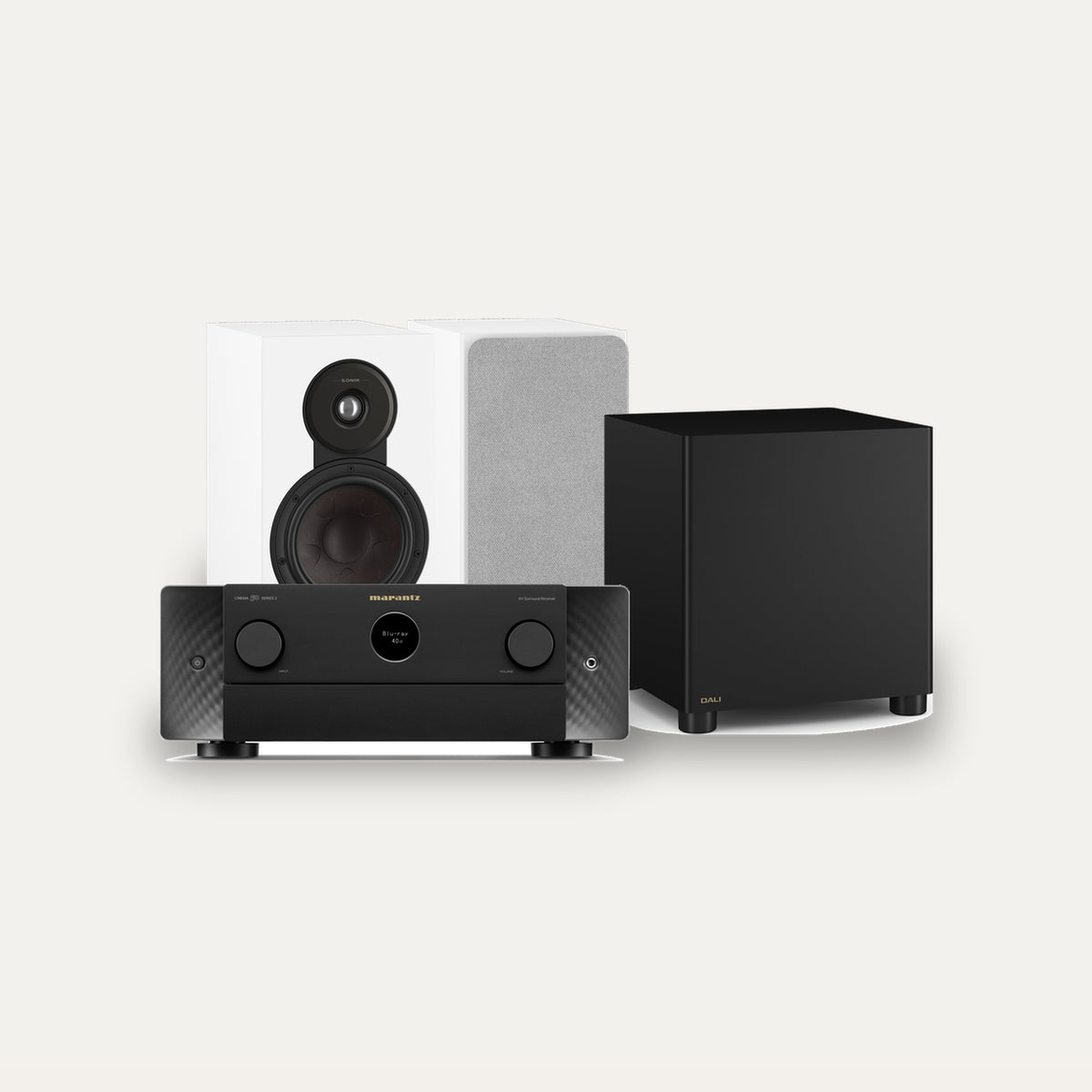 Marantz CINEMA 50 Series 2 + Dali Sonik 3 + Basik Sub 2.1 Cinema Set – Receiver Finish Black, Speaker Finish White