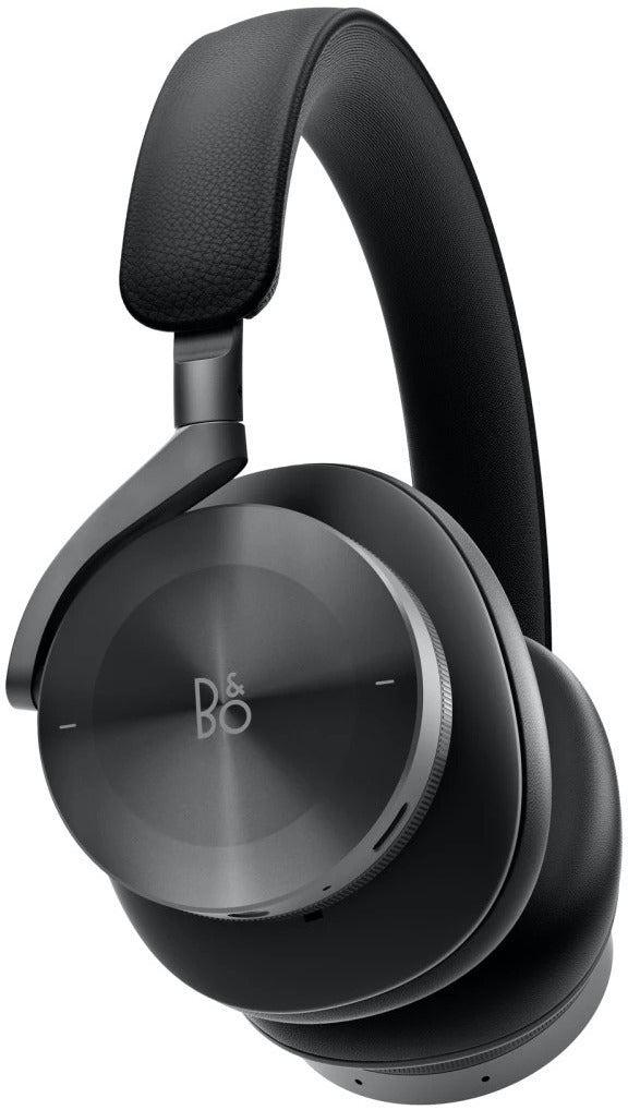 Bang & Olufsen Beoplay H95 wireless headphones with plush ear cushions and sleek black design, shown from a side angle.