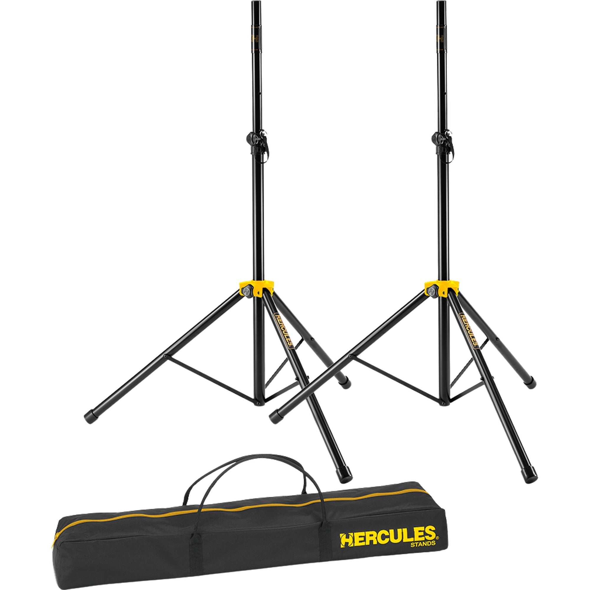 Hercules Stands SS200BB PA speaker stands with adjustable height and sturdy black metal construction for professional audio setup.