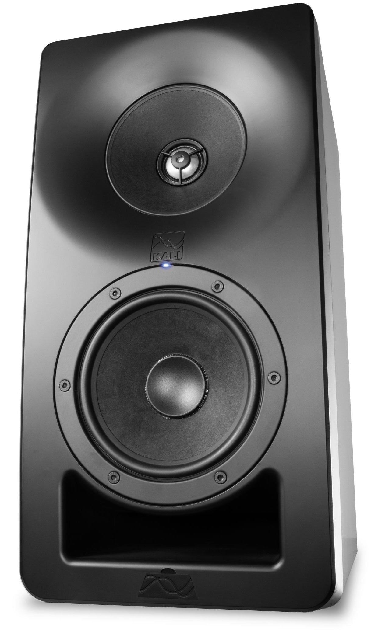 Kali Audio SM-5 active nearfield monitors with black finish, shown on a studio desk for professional audio monitoring.
