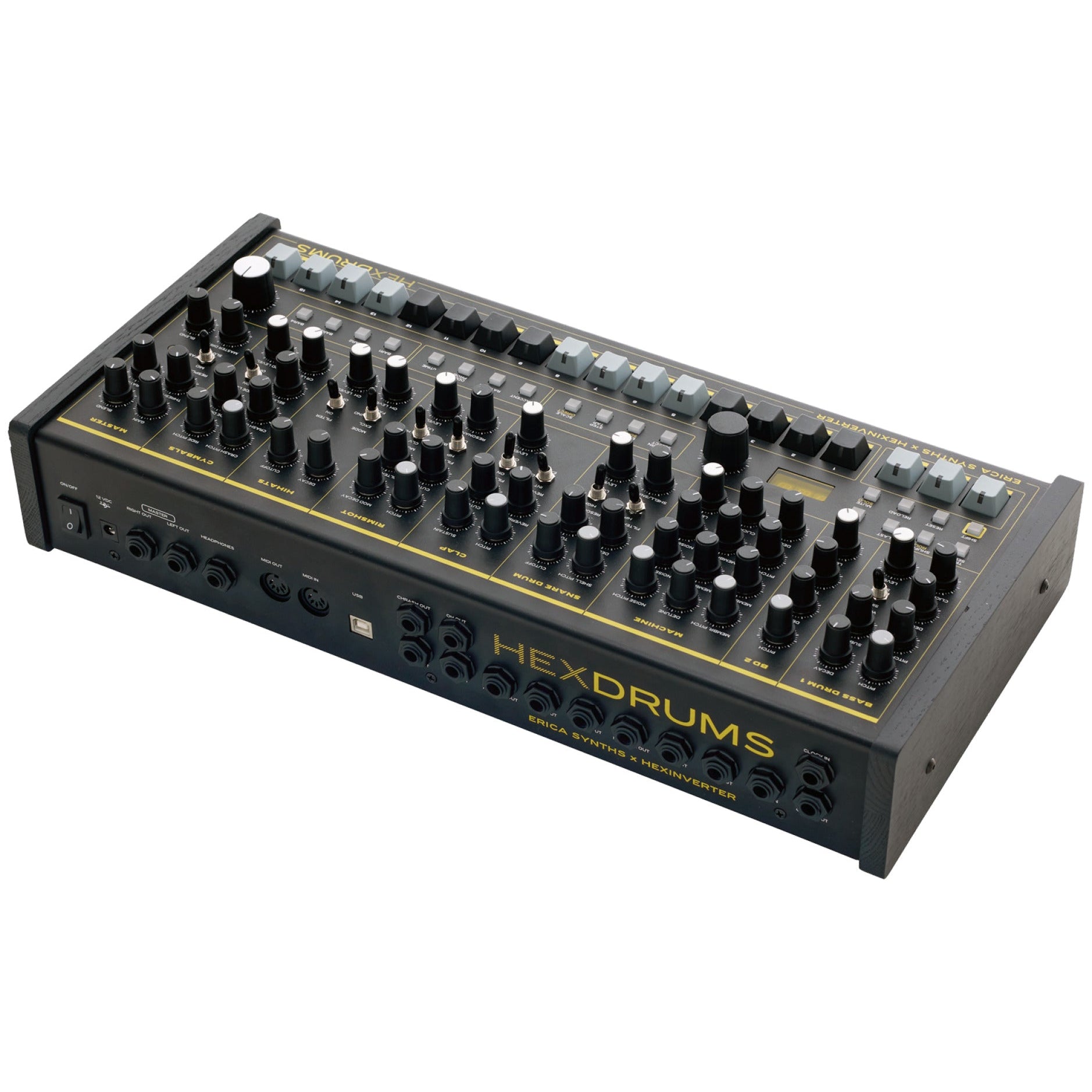 Erica Synths Hexdrums drum machine with multiple knobs and pads, featuring a compact black design and colorful control elements.