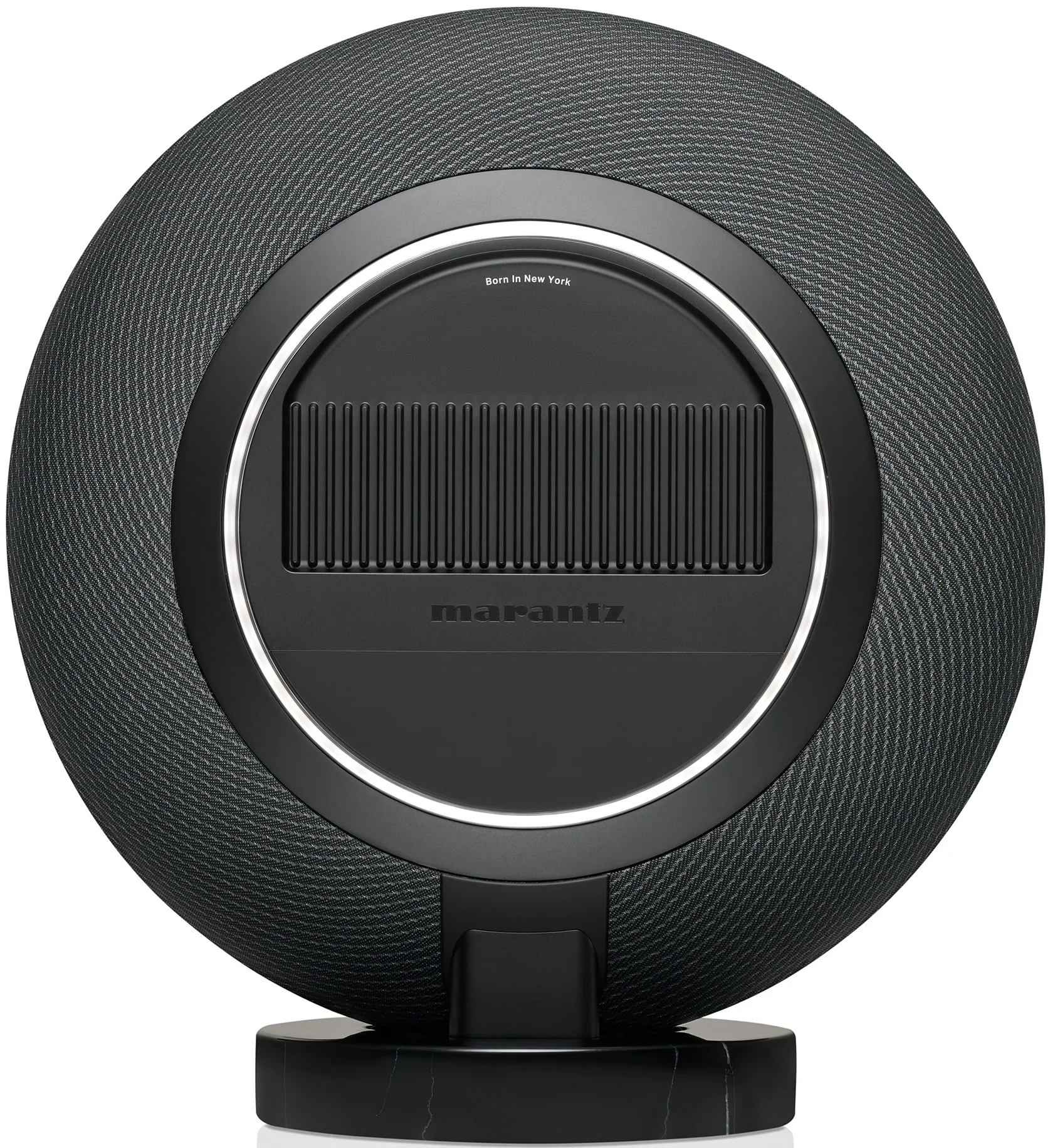 Marantz Horizon Grand wireless speakers in Midnight Sky color, rear view showing ports and sleek modern design.