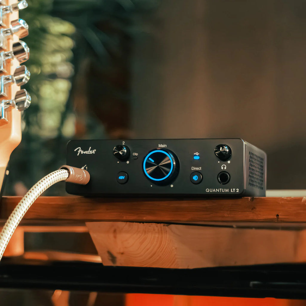 Fender Quantum LT 2 USB audio interface with input/output ports and control knobs, designed for music recording and streaming.