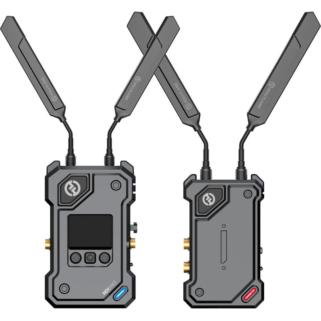 Hollyland Cosmo C2 wireless video transmission system with 1 transmitter and 1 receiver, compact setup for professional video streaming.