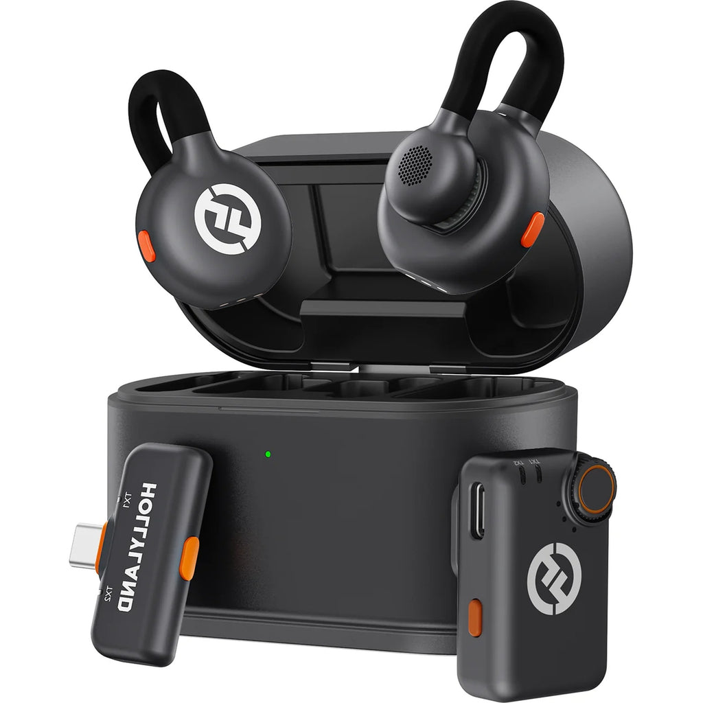 Hollyland Lark M2S Mini Combo (2RX - Camera & USB-C) wireless microphone system, front view.