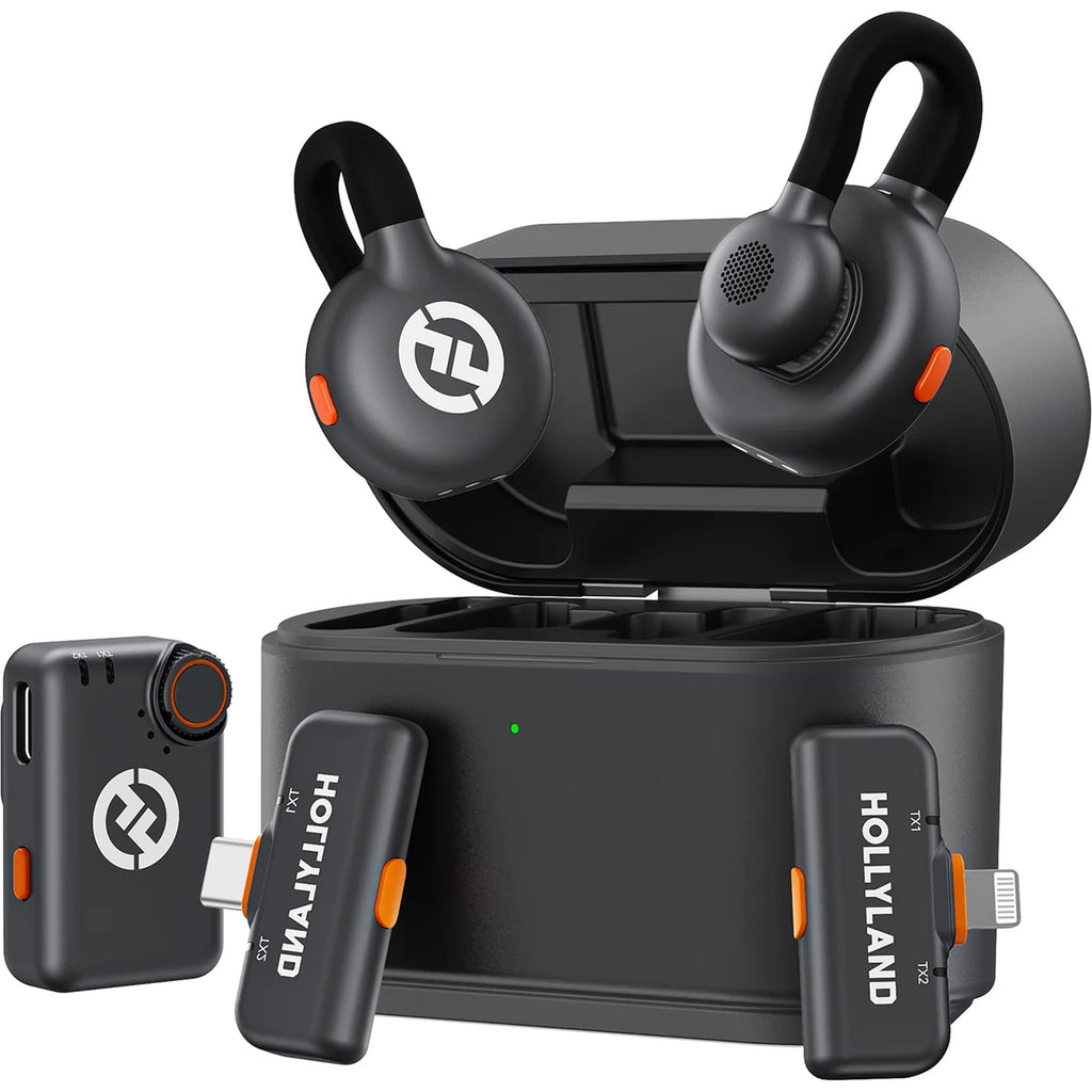 Hollyland Lark M2S Ultimate Combo wireless microphone system with 3 receiver units for camera, USB-C, and Lightning connections.