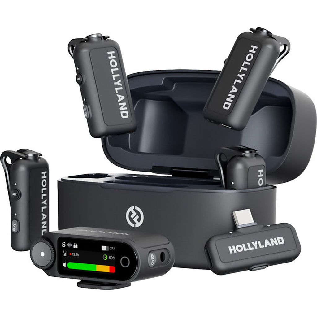 Hollyland Lark Max 2 Creator Wireless Microphone System with four transmitters and a receiver for professional audio recording.