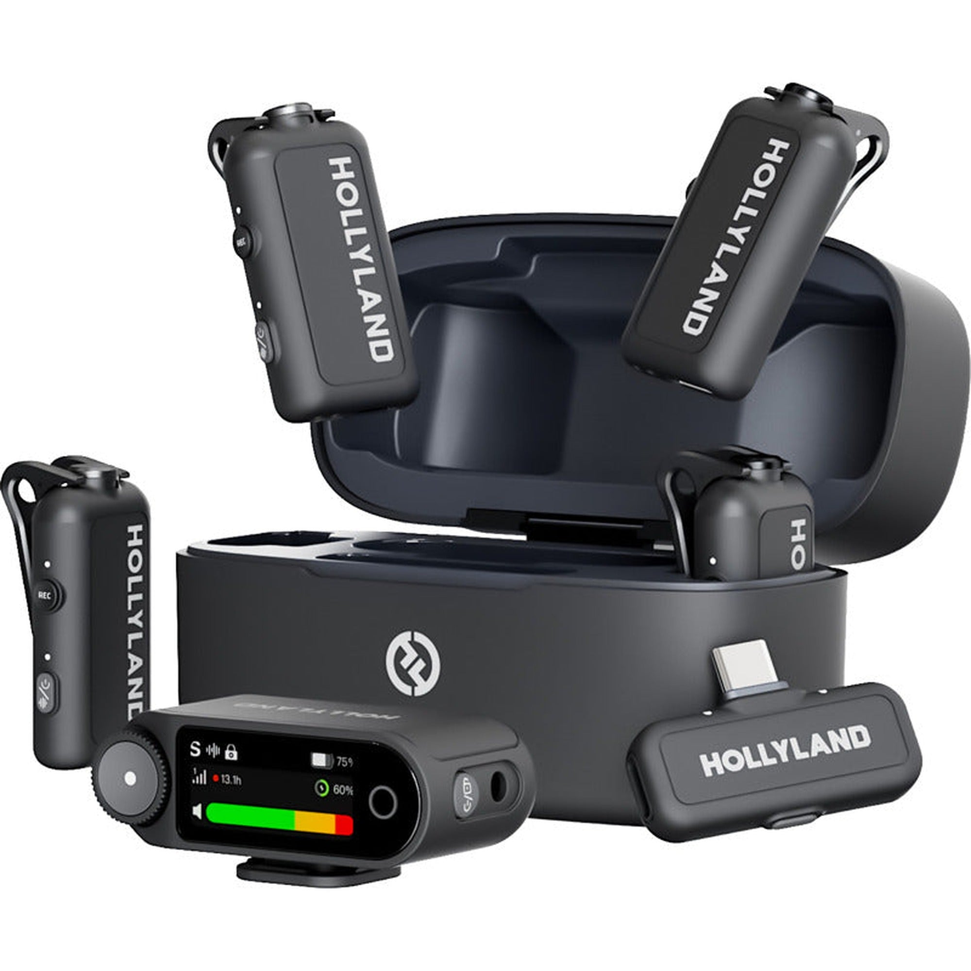 Hollyland Lark Max 2 Creator Wireless Microphone System with four transmitters and a receiver for professional audio recording.