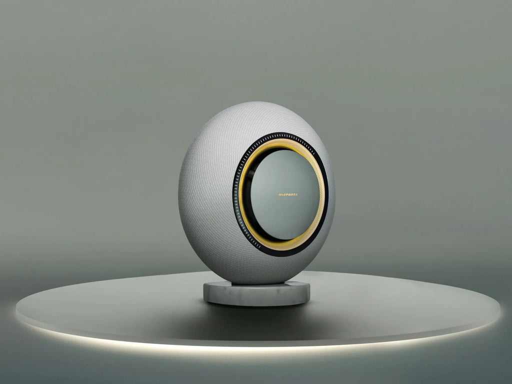 Marantz Horizon wireless speaker with sleek design and moon-inspired motif, showcasing modern audio equipment for premium sound quality.