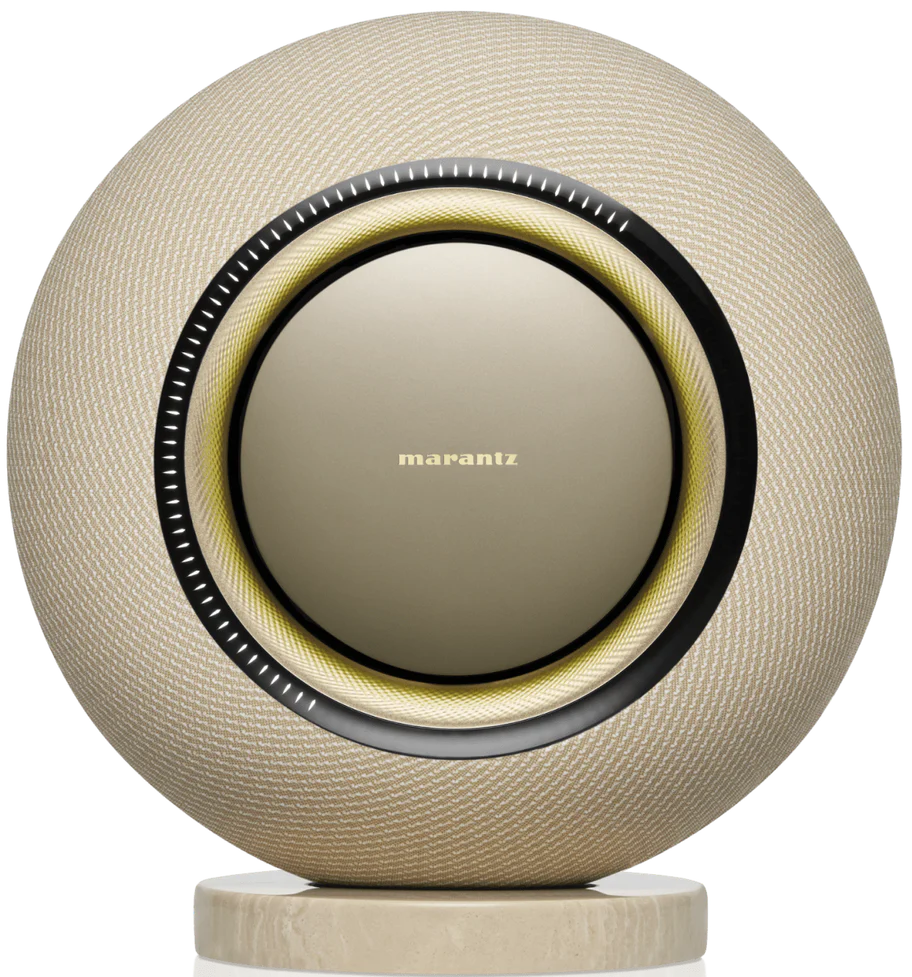 Marantz Horizon wireless speakers in champagne finish, sleek modern design with fabric grille and minimalist controls.