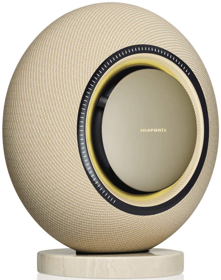 Marantz Horizon wireless speaker in champagne color with sleek design and control buttons visible in the image.