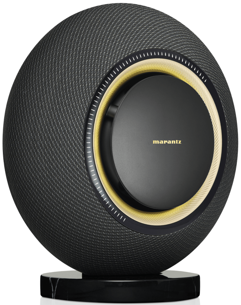 Marantz Horizon wireless speakers in midnight finish, sleek design with black accents, showing the modern audio device on a wooden surface.