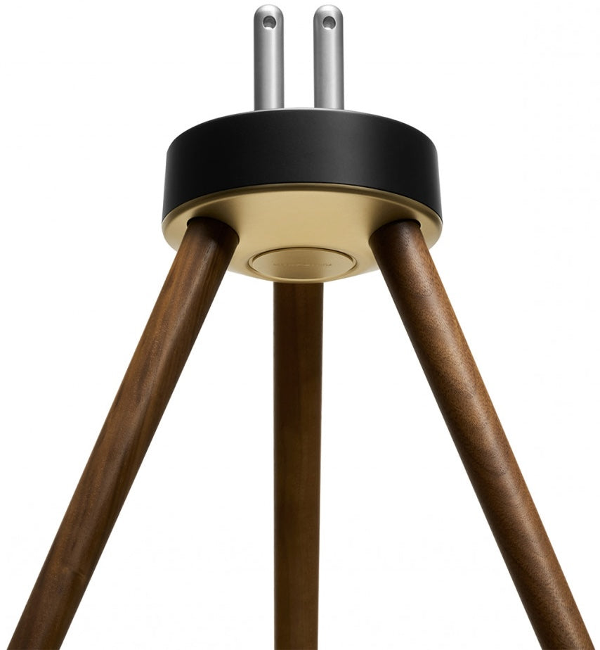 Marantz Horizon Tripod speaker stands made of American Walnut with sleek, modern design for supporting audio speakers.