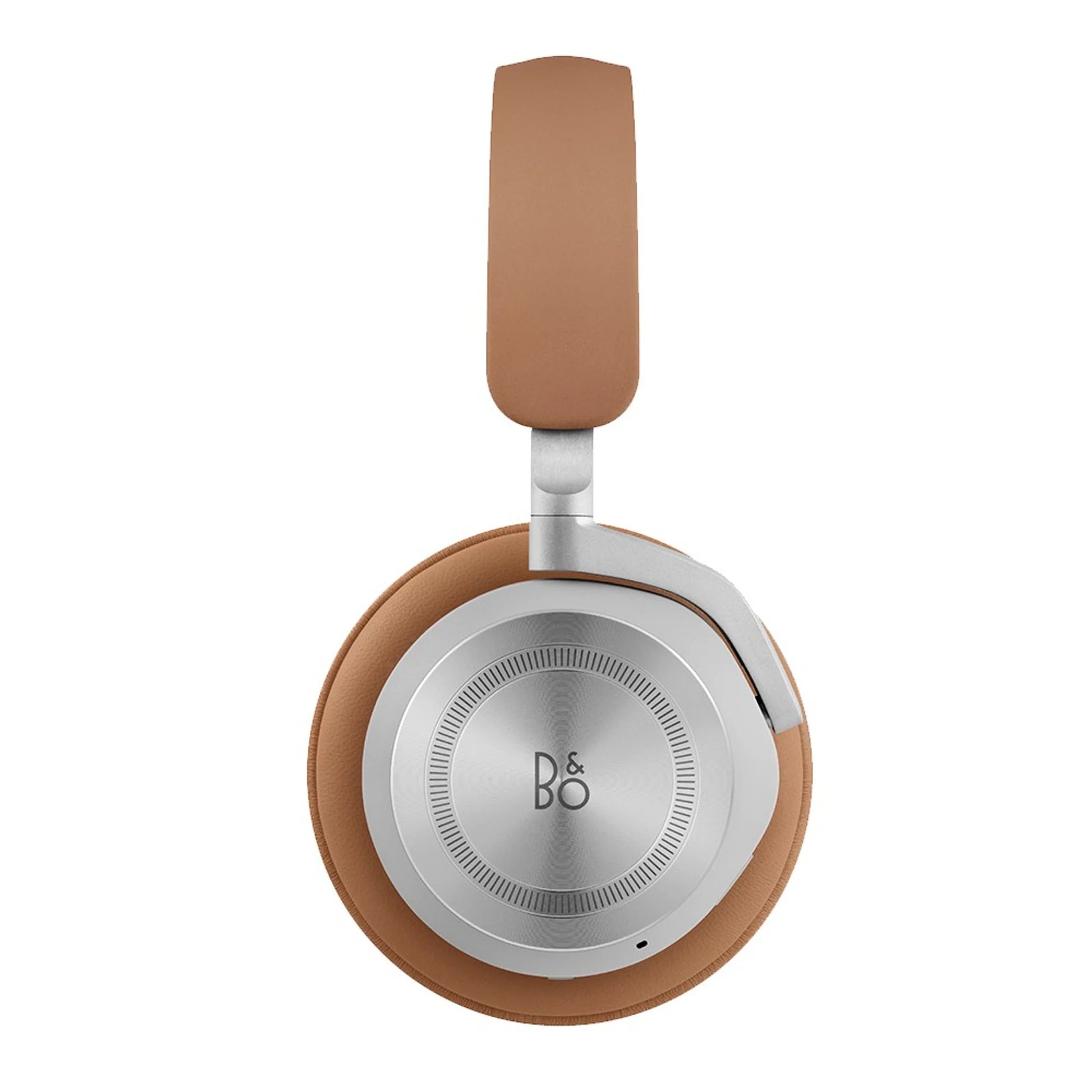 Bang & Olufsen Beoplay HX wireless headphones with timber-colored ear cups and sleek design, close-up view showing comfort fit