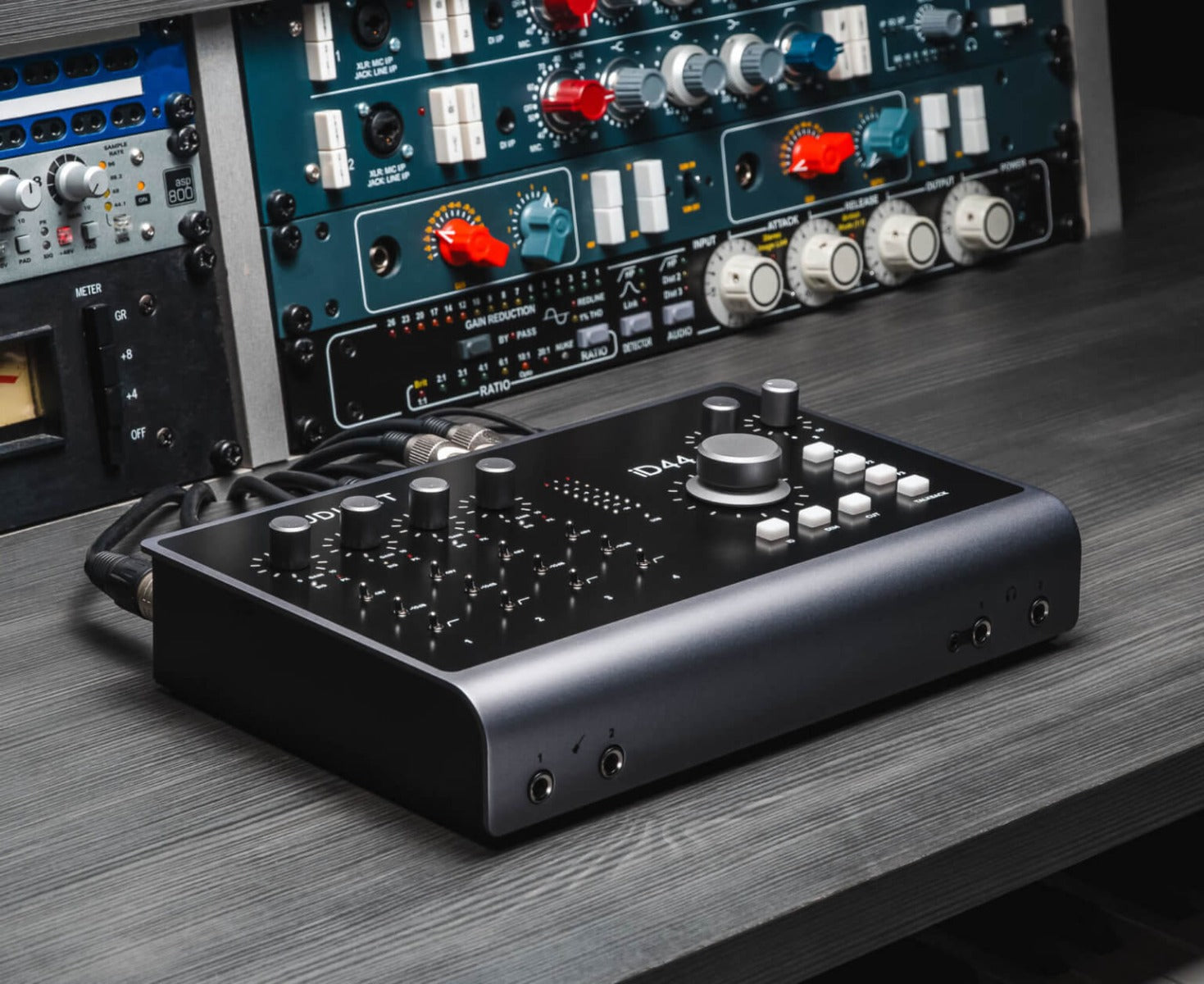 Audient iD44 MK2 audio interface with multiple input/output ports and sleek black design, used for high-quality music production.