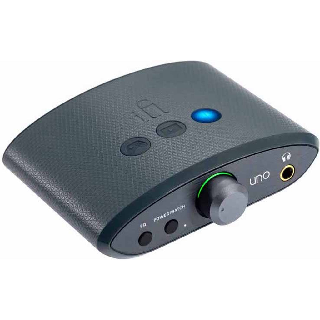 iFi Audio Uno headphone amplifier and DAC with compact design, featuring control knobs and connection ports on the front panel.
