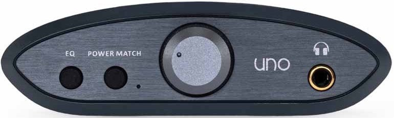 iFi Audio Uno headphone amplifier and DAC, compact black device with control knobs and input ports, designed for high-quality audio.