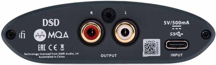 iFi Audio Uno headphone amplifier and DAC with sleek black finish and front input ports, designed for high-quality audio playback.