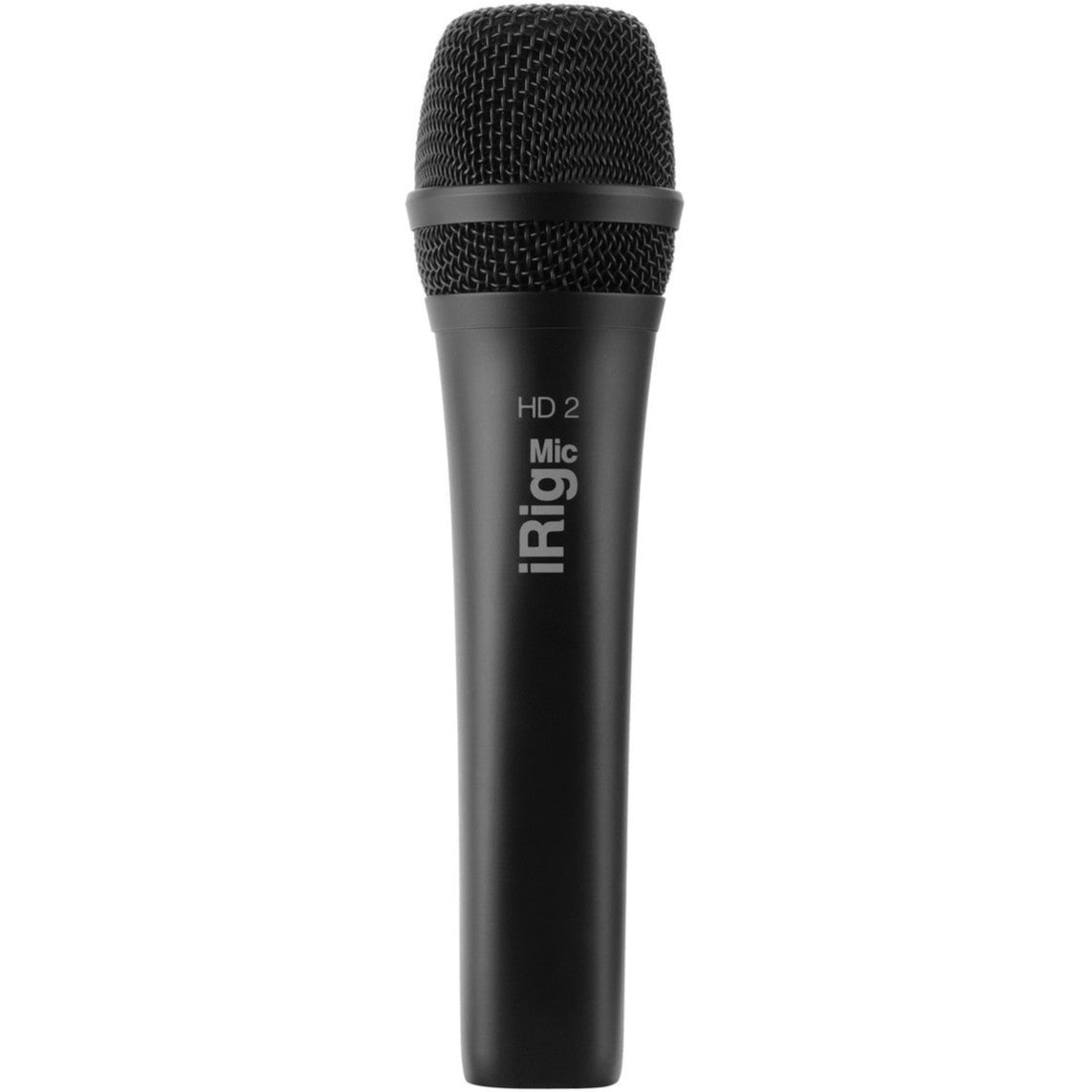 IK Multimedia iRig Mic HD 2 handheld microphone for iOS and Android devices, with a sleek design and audio input port.