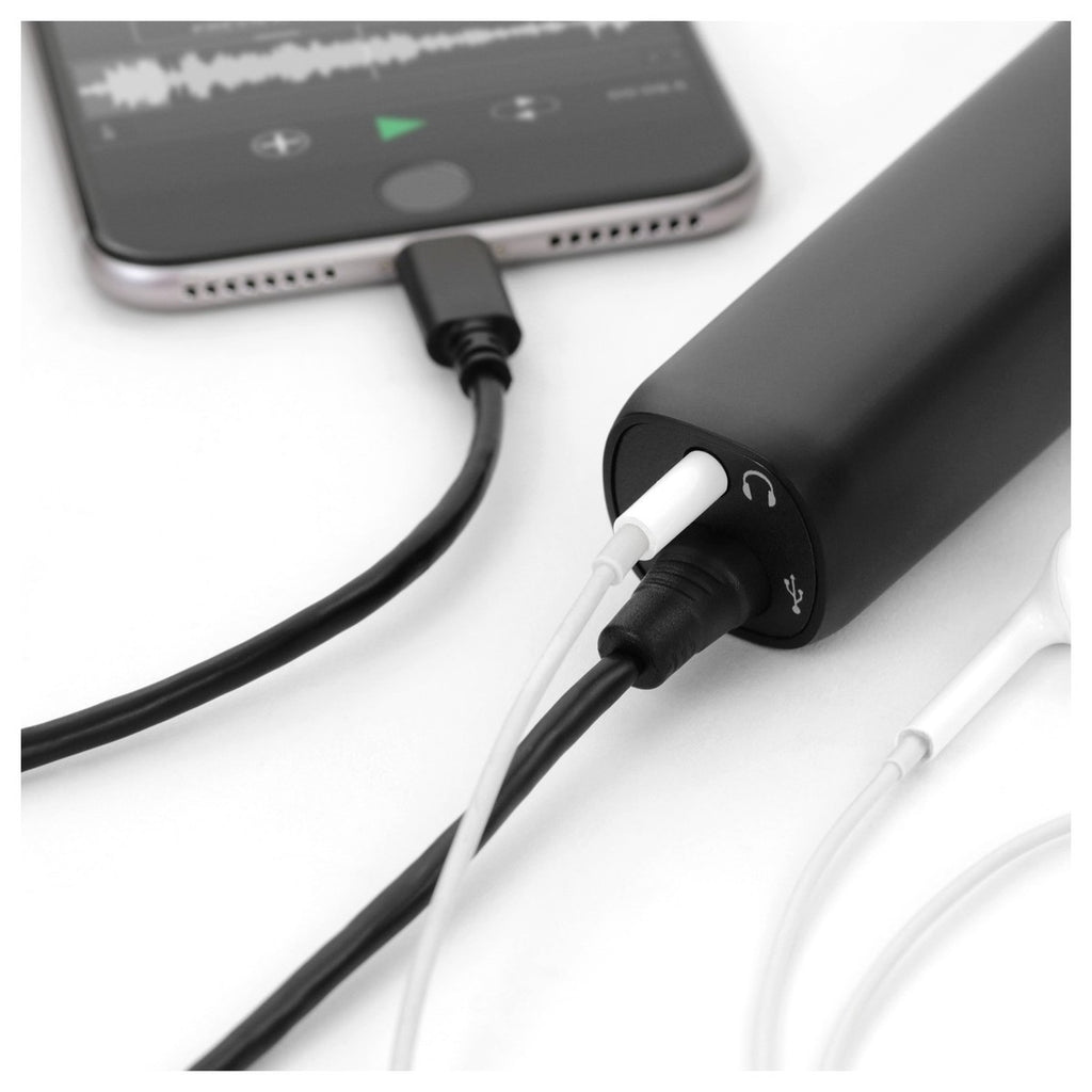 IK Multimedia iRig Mic HD 2 portable microphone for iOS and Android devices, shown in a close-up with connection details.