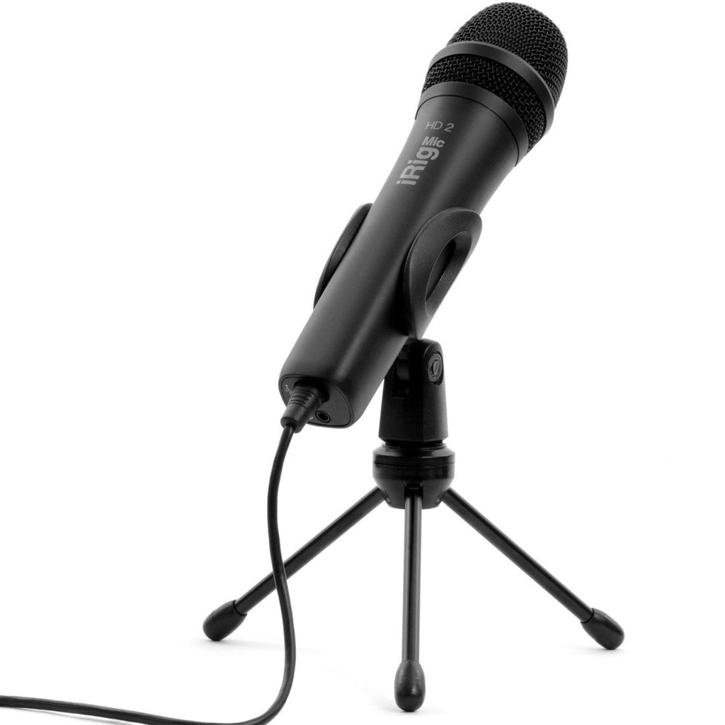 IK Multimedia iRig Mic HD 2 portable microphone for iOS and Android devices, shown with cable and compact design.