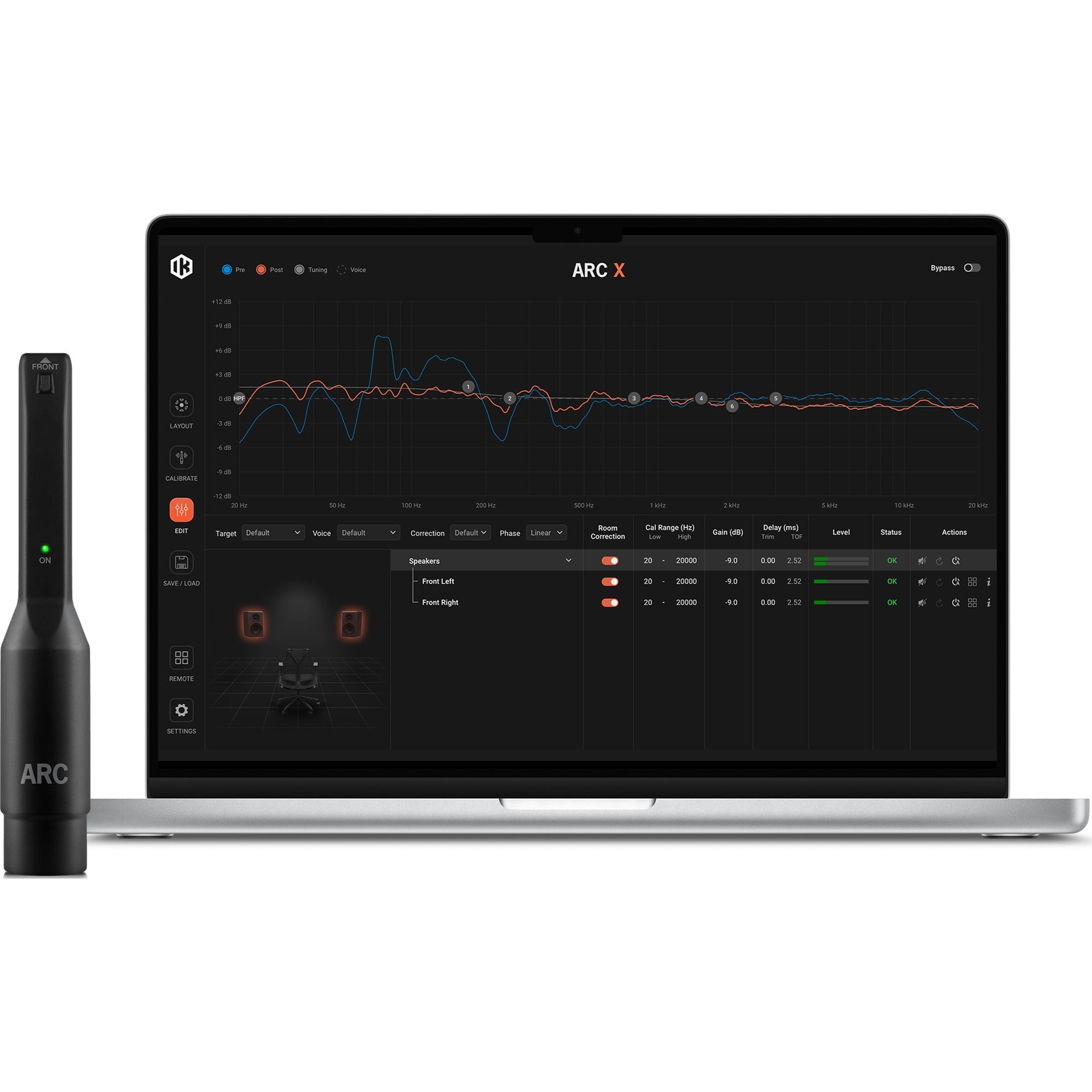 IK Multimedia ARC X room calibration software with measurement microphone for accurate acoustic tuning and sound optimization.