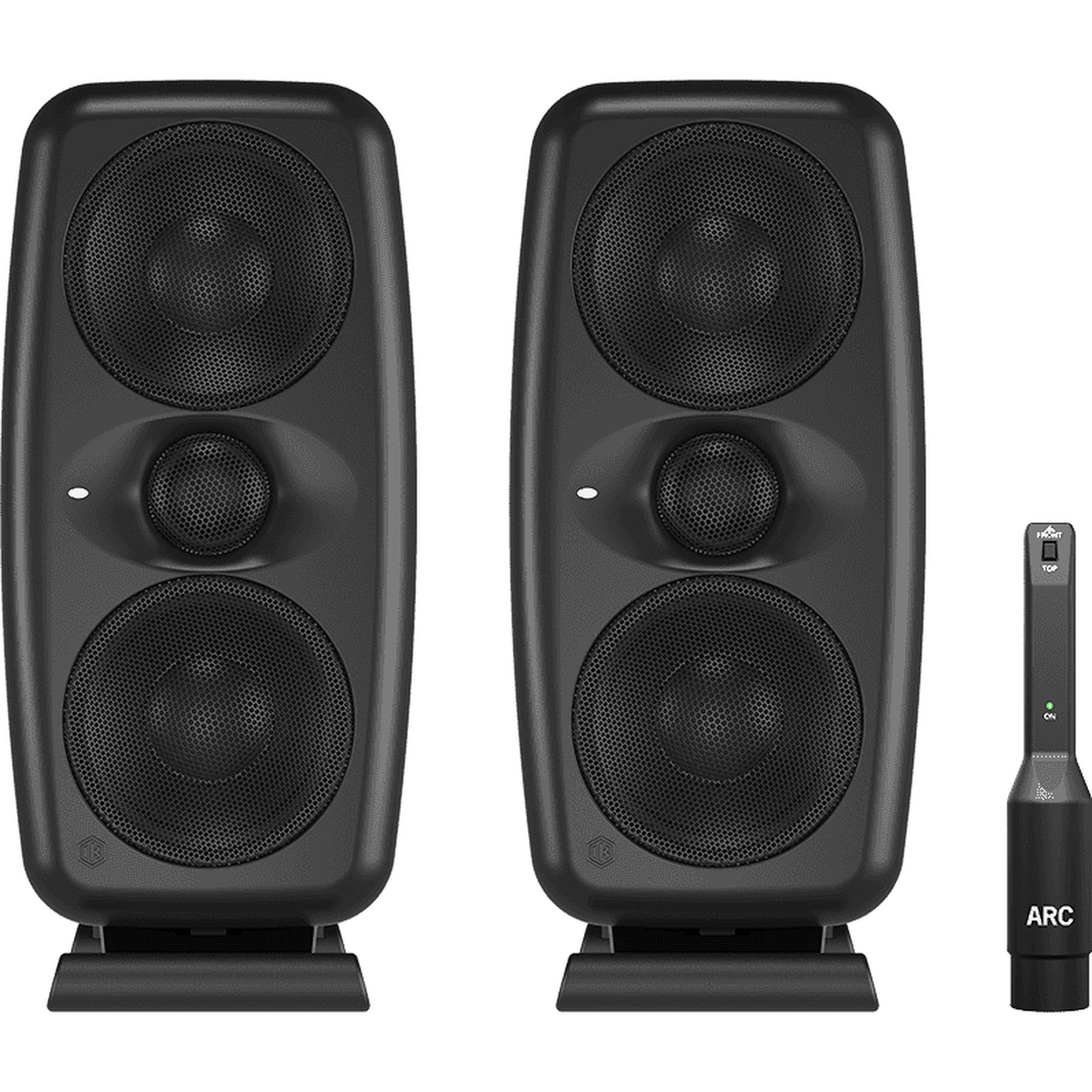 IK Multimedia iLoud MTM MK2 active nearfield monitors shown with sleek black cabinets and front-firing bass ports.