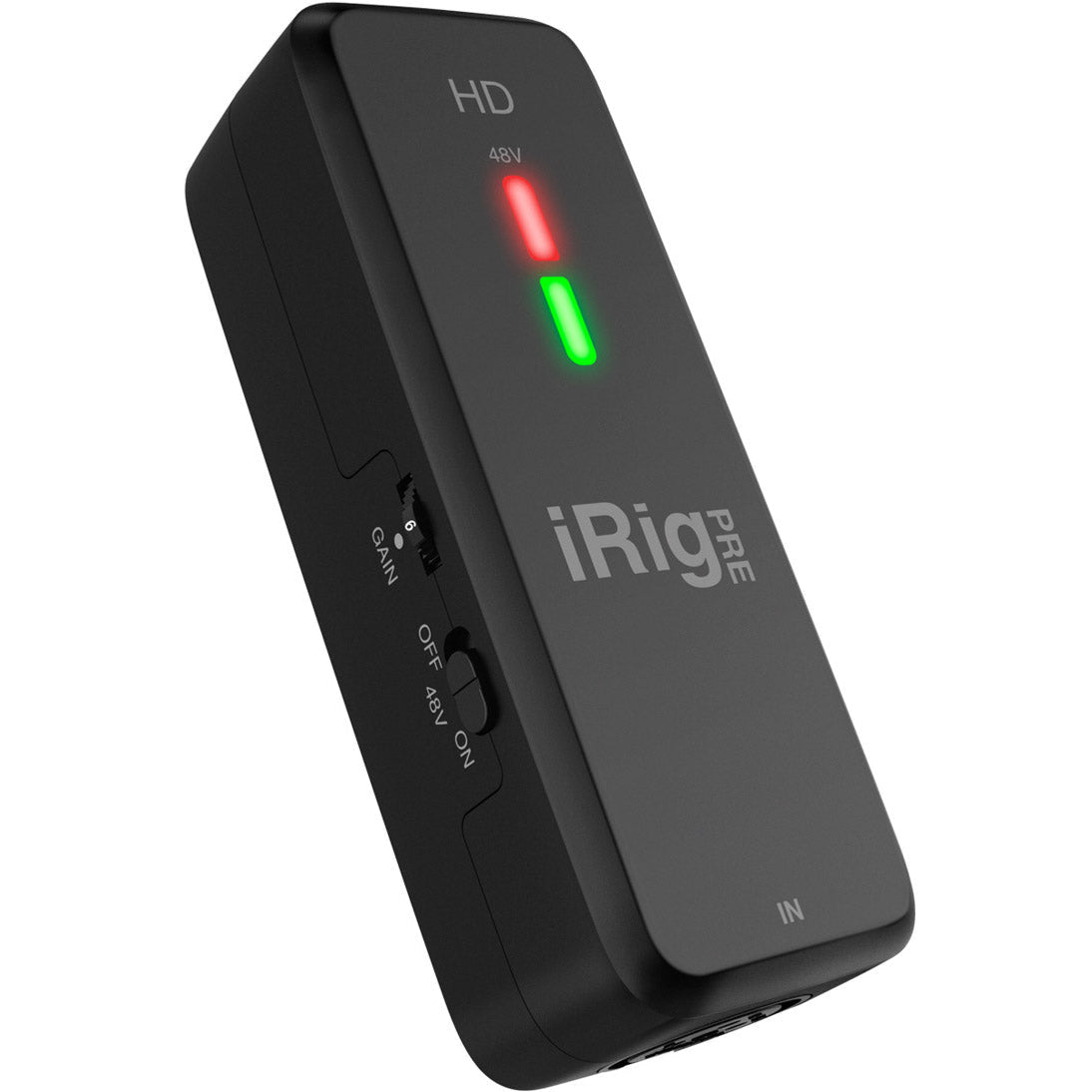 IK Multimedia iRig Pre HD audio interface with microphone input and gain control for mobile recording and podcasting.