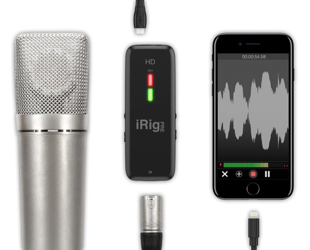 IK Multimedia iRig Pre HD audio interface with microphone input, compact design, and professional audio recording features.