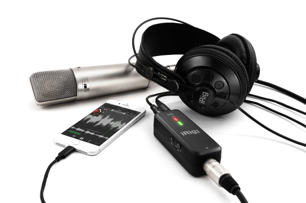 IK Multimedia iRig Pre HD audio interface with XLR input and compact design for mobile recording and podcasting.