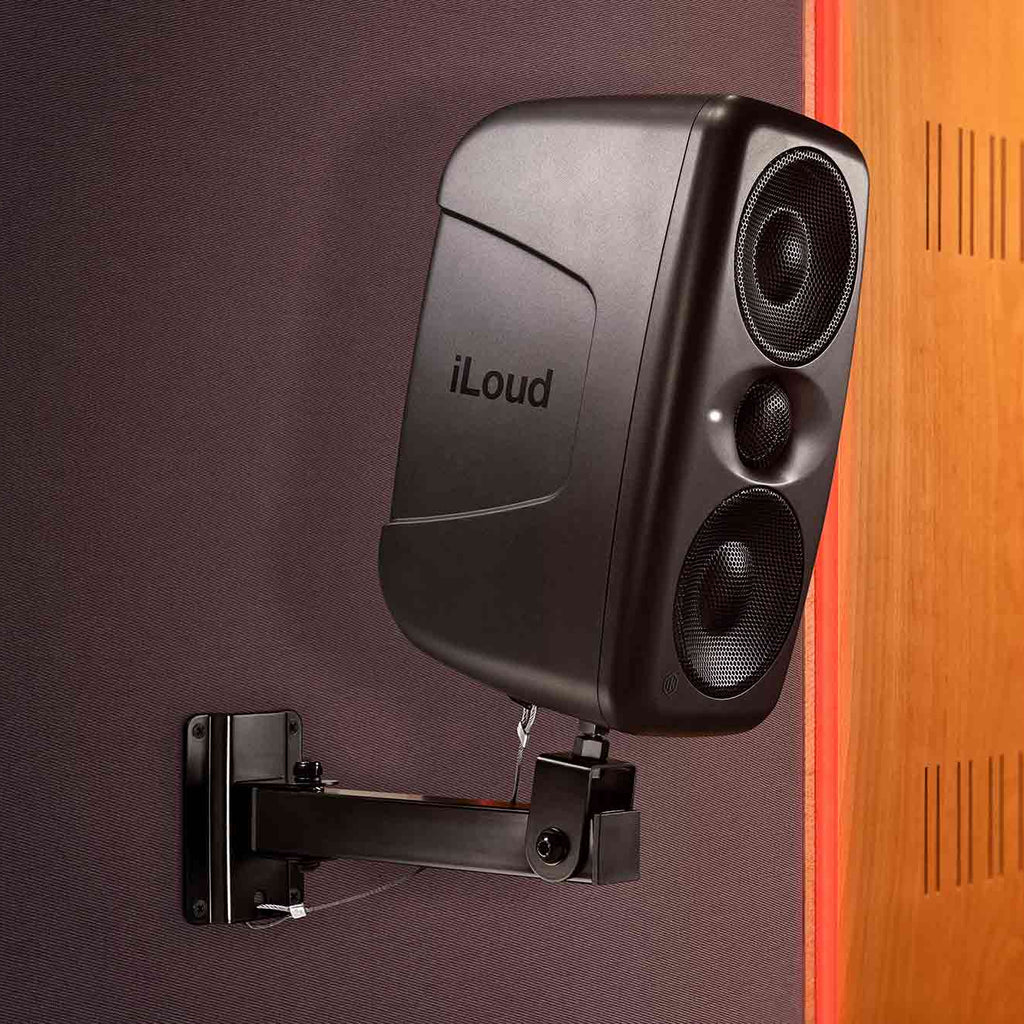 IK Multimedia iLoud MTM MK2 active nearfield monitor with mounting bracket, showcasing its sleek design and professional audio equipment