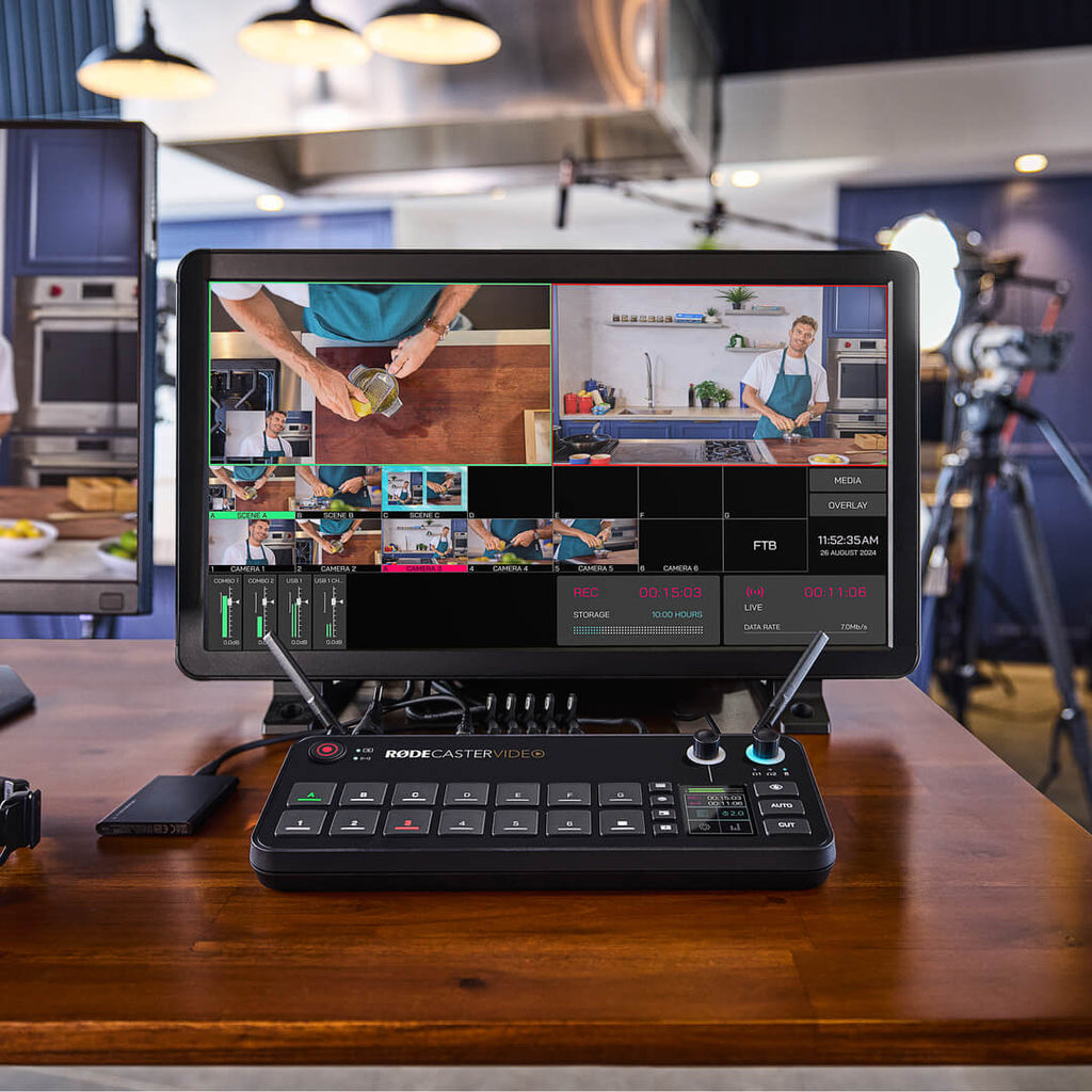 Rode RodeCaster Video editing controller with multiple buttons and knobs for professional video production and audio mixing.