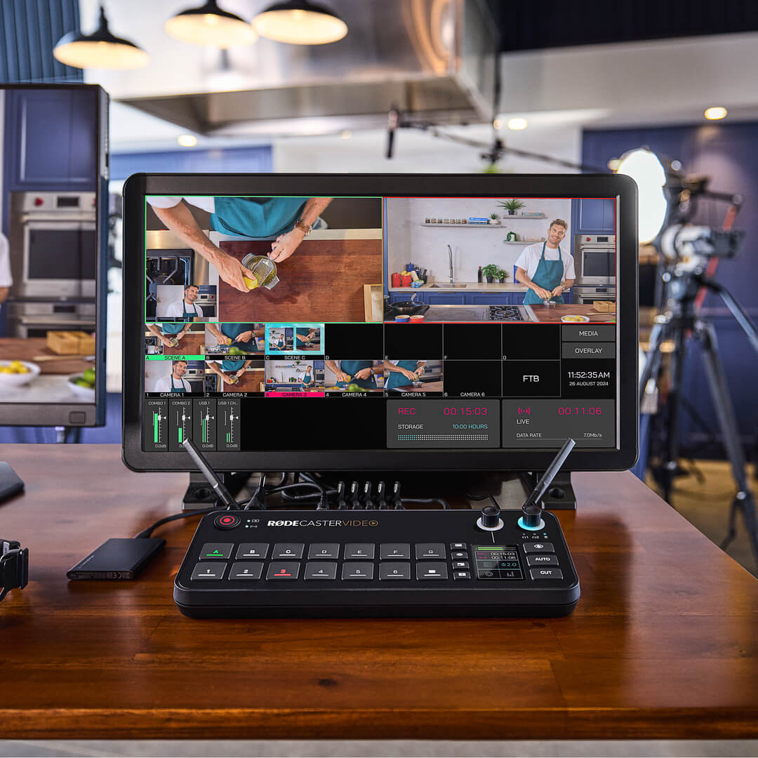 Rode RodeCaster Video editing controller with multiple buttons and knobs for professional video production and audio mixing.