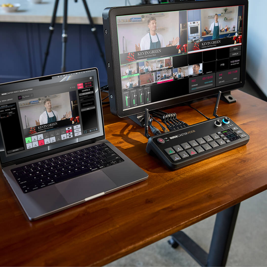 Rode RodeCaster Video editing controller with colorful buttons and audio ports, designed for professional video and audio production.