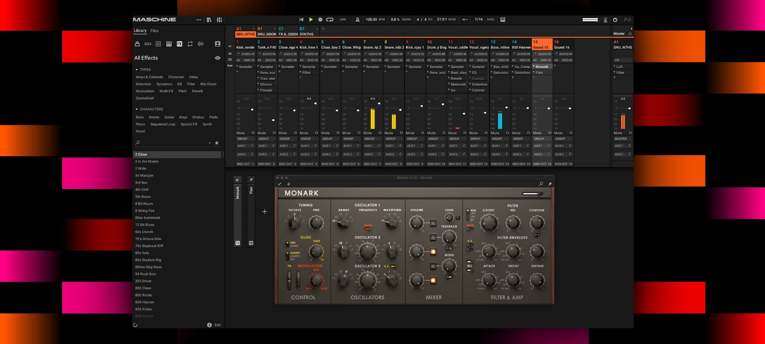 Native Instruments Maschine 3 Bundle music production software interface with mixer controls and hardware pad layout.