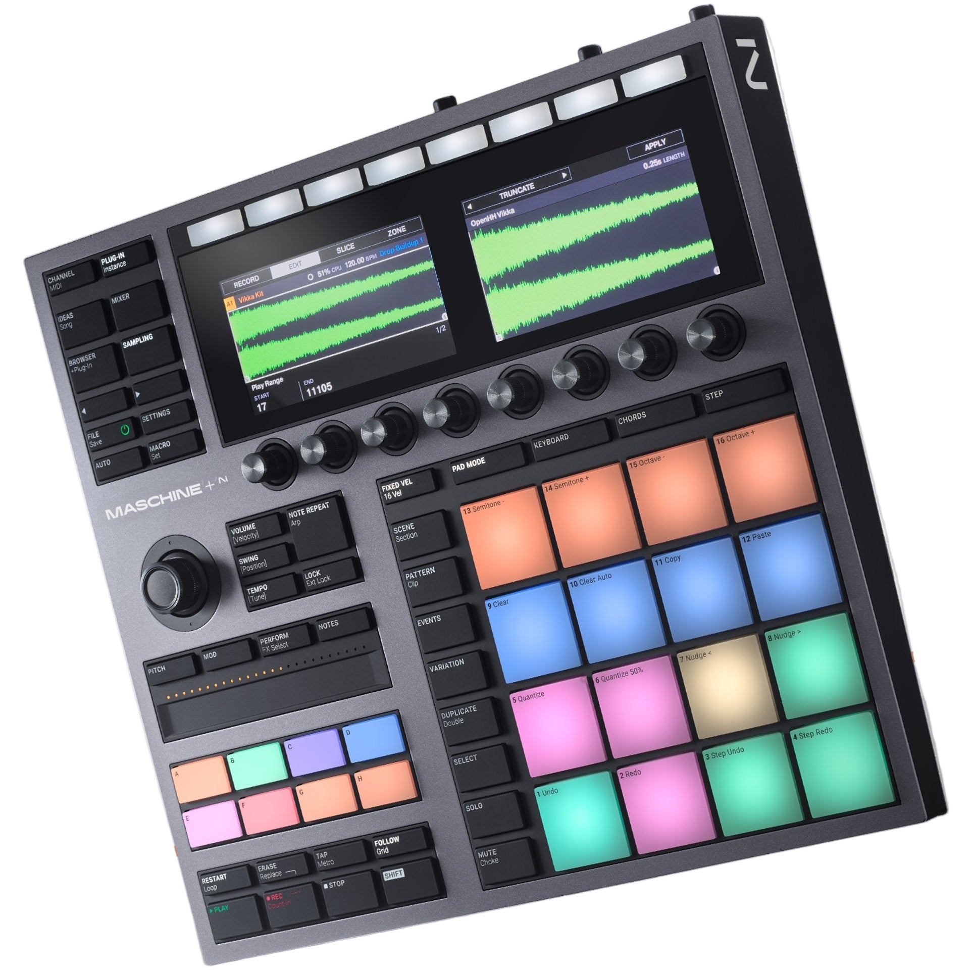 Native Instruments Maschine+ drum machine and sampler with colorful pads and control knobs, designed for music production.