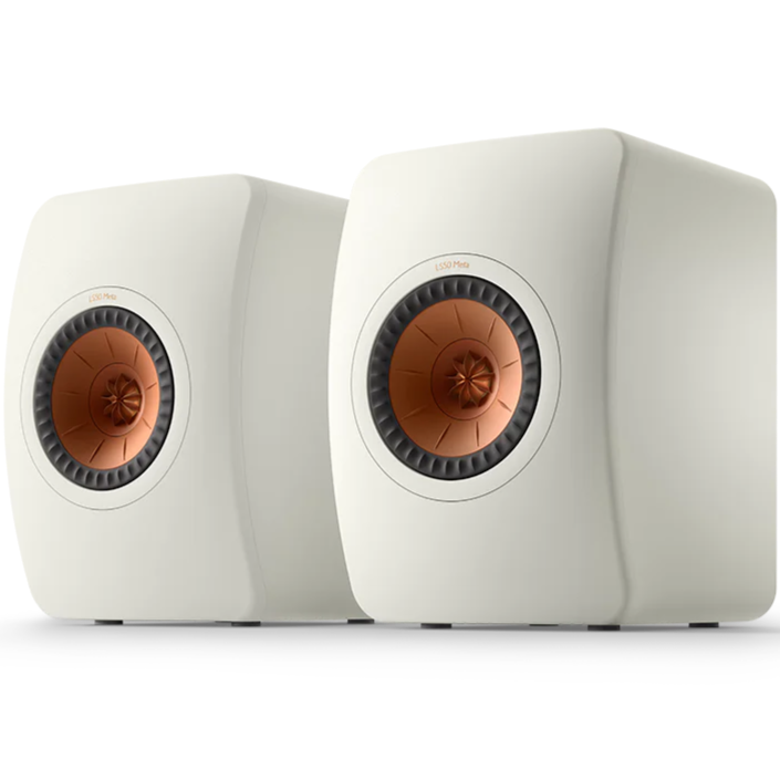 KEF LS50 Meta passive bookshelf speakers with sleek black cabinets and high-quality drivers for detailed sound reproduction.