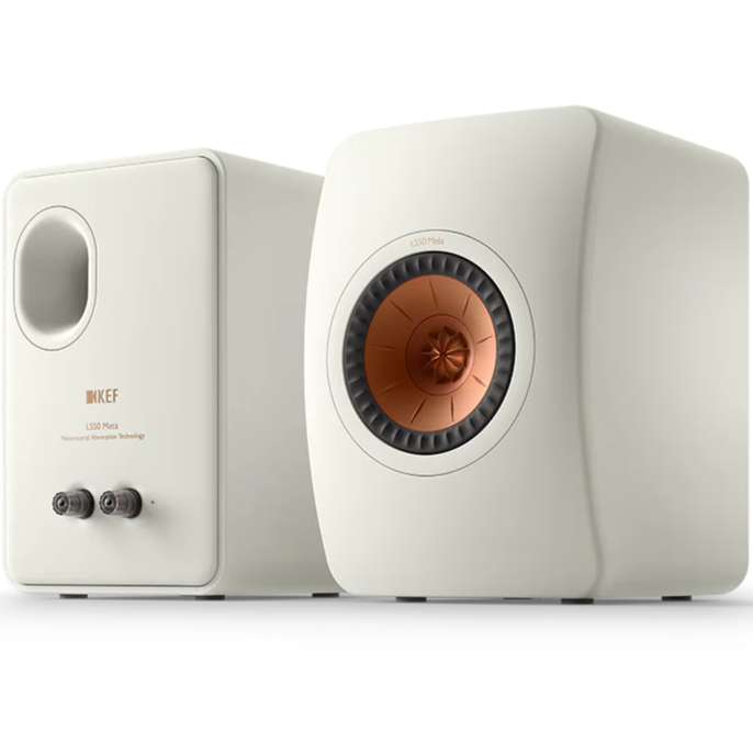 KEF LS50 Meta passive bookshelf speakers with sleek black cabinets and compact design for high-quality audio.
