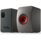 KEF LS50 Meta passive bookshelf speakers with sleek black cabinets and detailed drivers for high-quality sound.