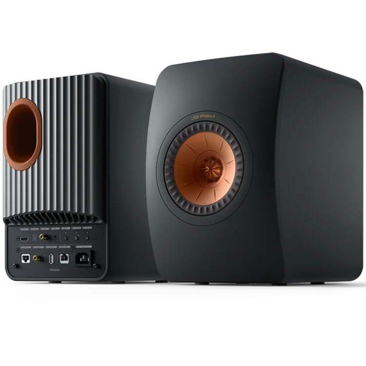 KEF LS50 Wireless II wireless speakers with sleek black finish and modern design, showing the compact, high-quality audio setup.